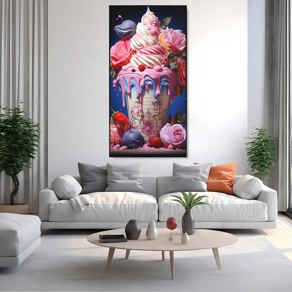 Tablou canvas cu ilustratie digitala cu cupa de desert decorata cu trandafiri, in rama de aluminiu negru, pe perete intr-un living